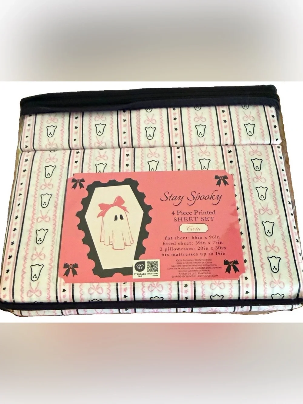 Pink Ghost Print 4-Piece Tween Sheet Set NWT